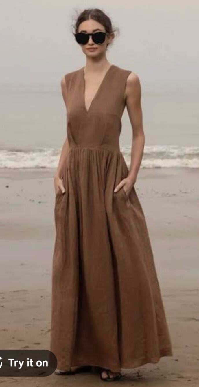Heidi Merrick Dress Small The Corsica in Sable Tissue Brown Linen Maxi Romantic